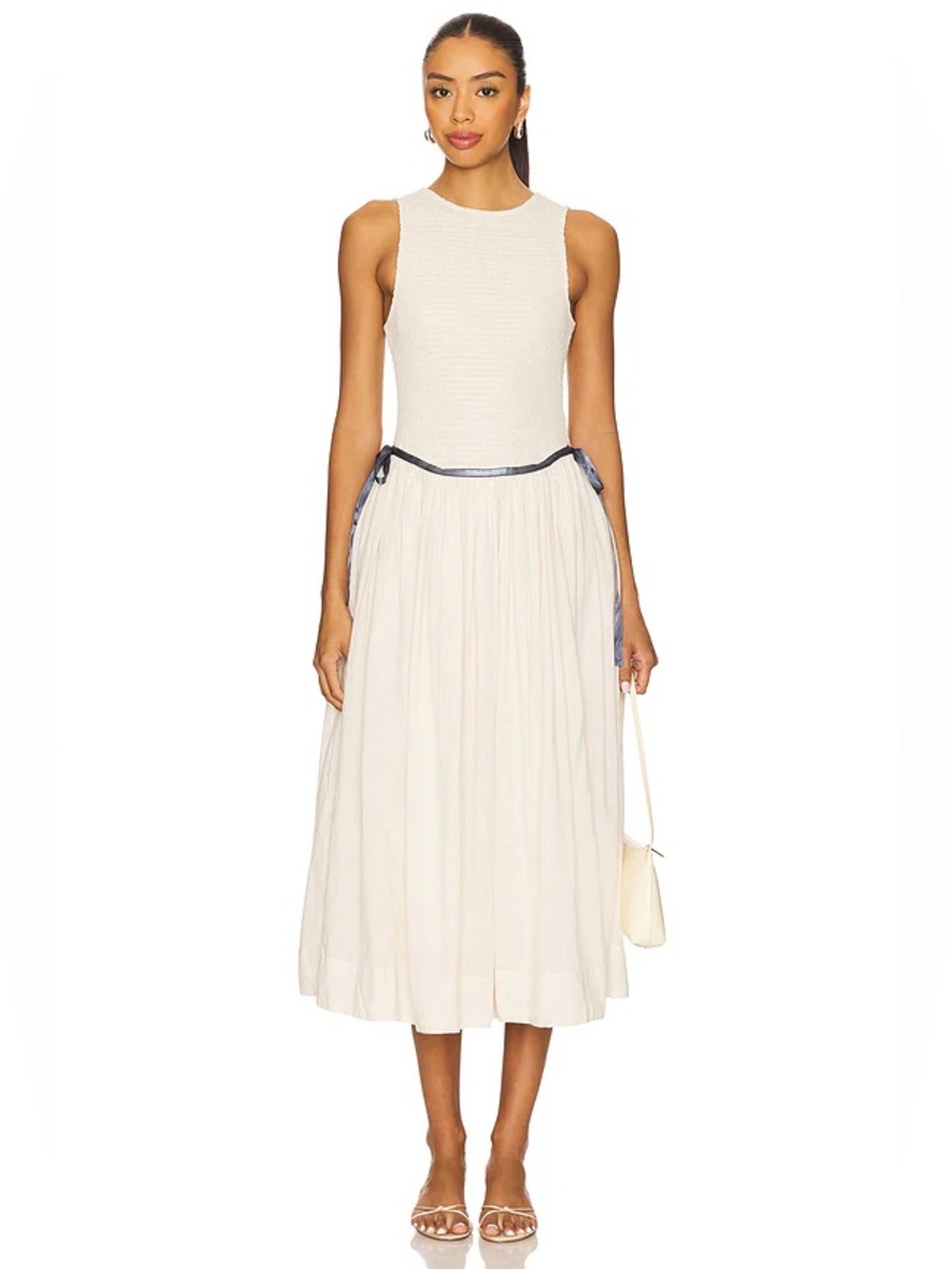NEW Free People Smocked Nightingale Solid Midi Dress Tea Navy Combo Cream Ivory